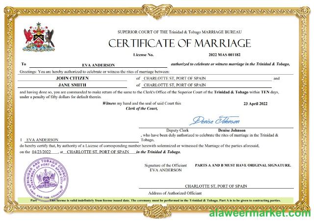 Trinidad and Tobago marriage certificate Word and PDF template